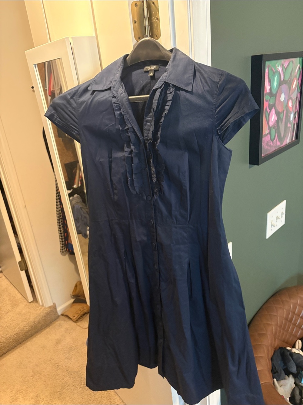 Talbots Navy Blue Short-Sleeve Ruffle Shirt Dress